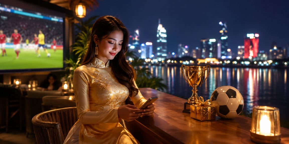 Cô gái mặc áo dài theo dõi kèo bóng đá Hà Nội trên điện thoại