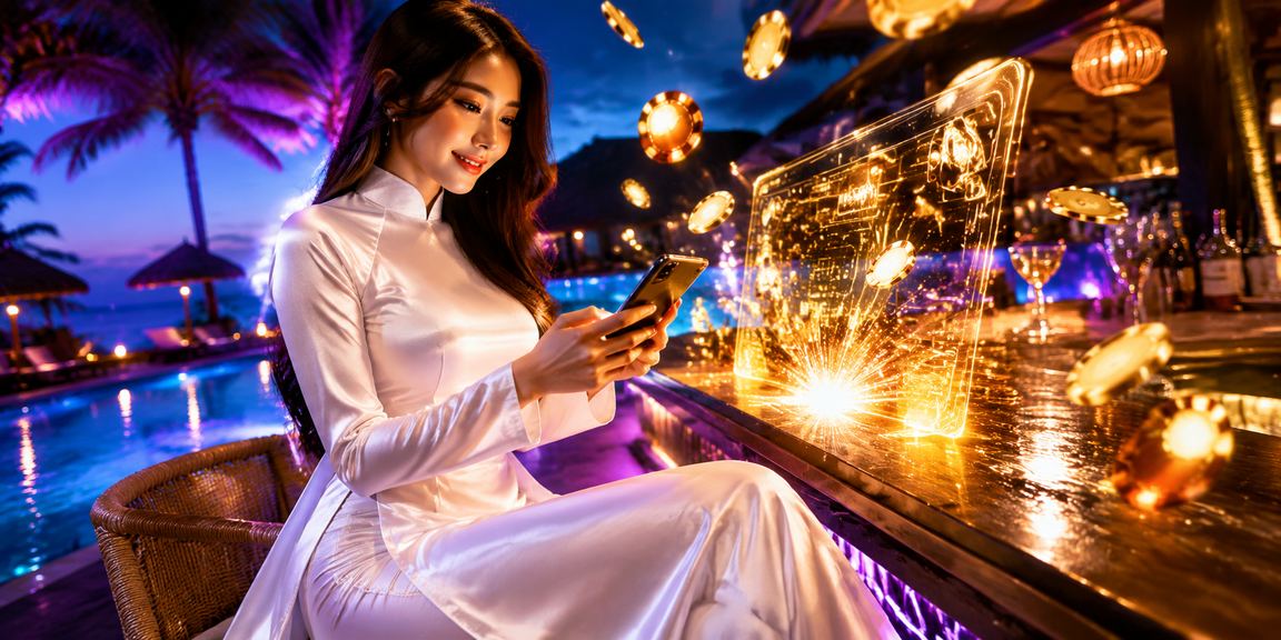 Phụ nữ mặc áo dài tại Mũi Né theo dõi kèo eSports và kiểm tra voucher khuyến mãi